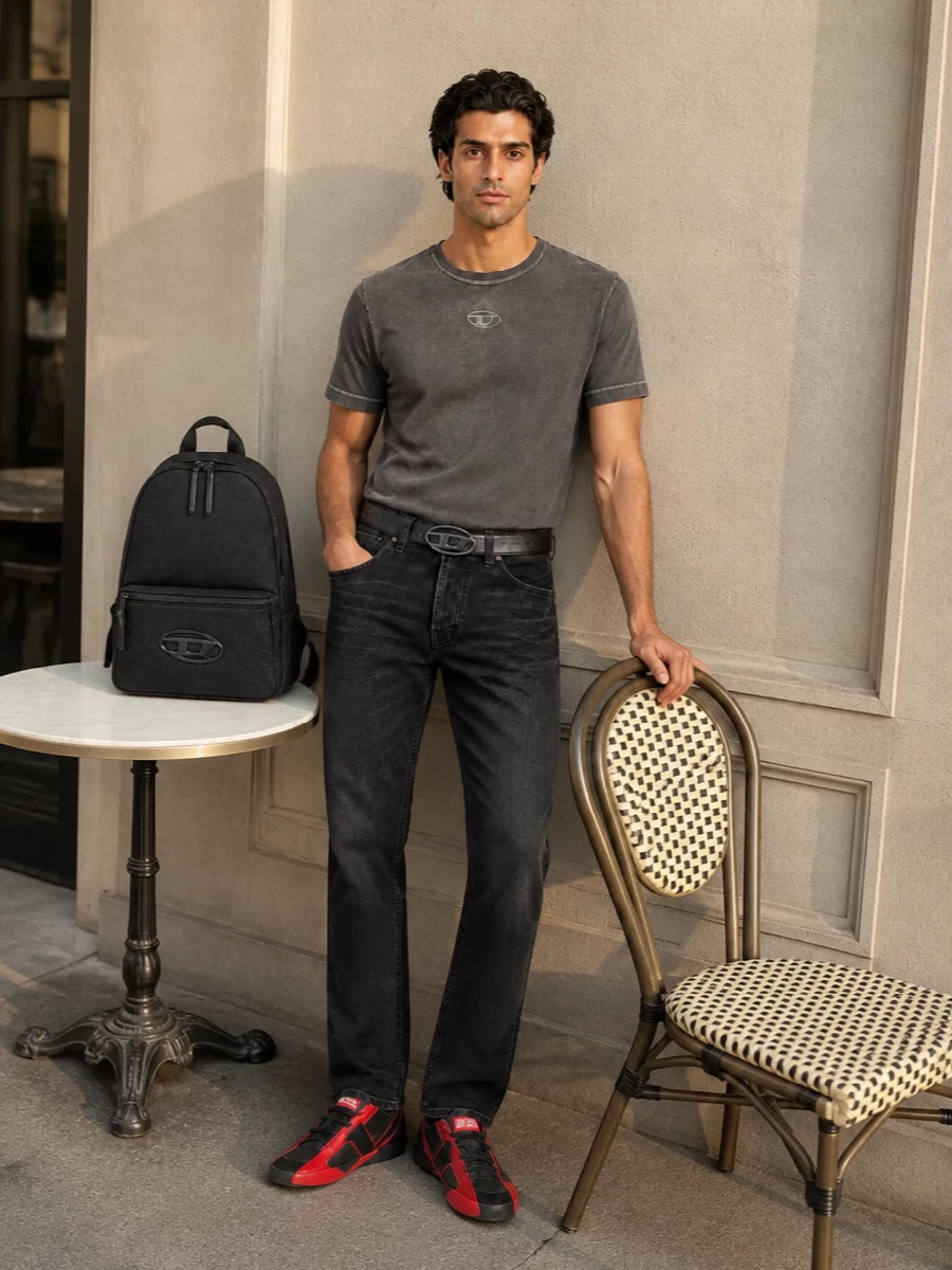 Diesel charcoal logo tee black jeans outfit