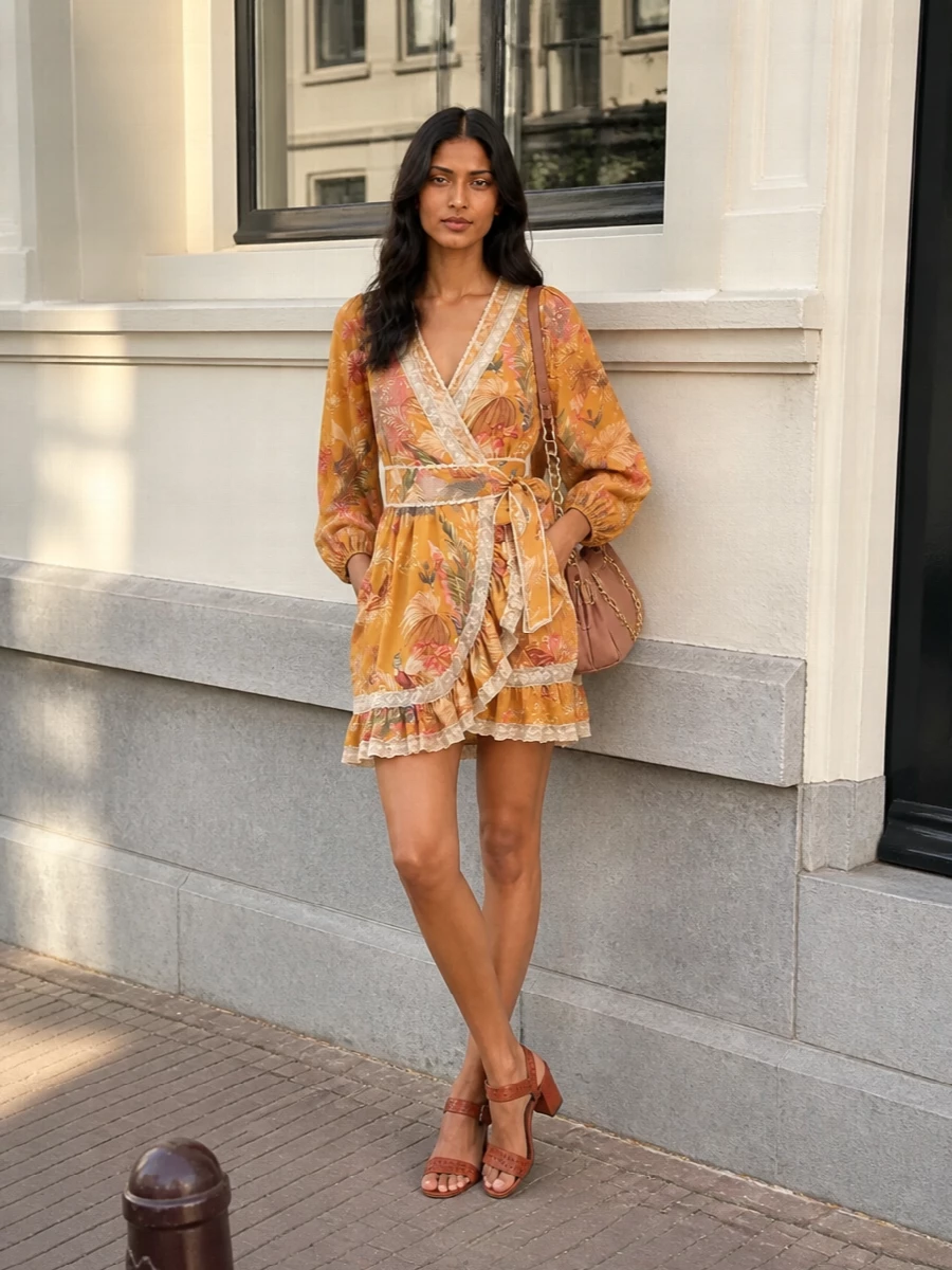 A golden Zimmermann wrap mini is grounded with warm terracotta block heels and a softly gathered rose-tan shoulder bag for a coherent, romantic palette. The delicate printed scarf adds a whisper of extra texture and color, keeping the whole ensemble boho and feminine without feeling busy.