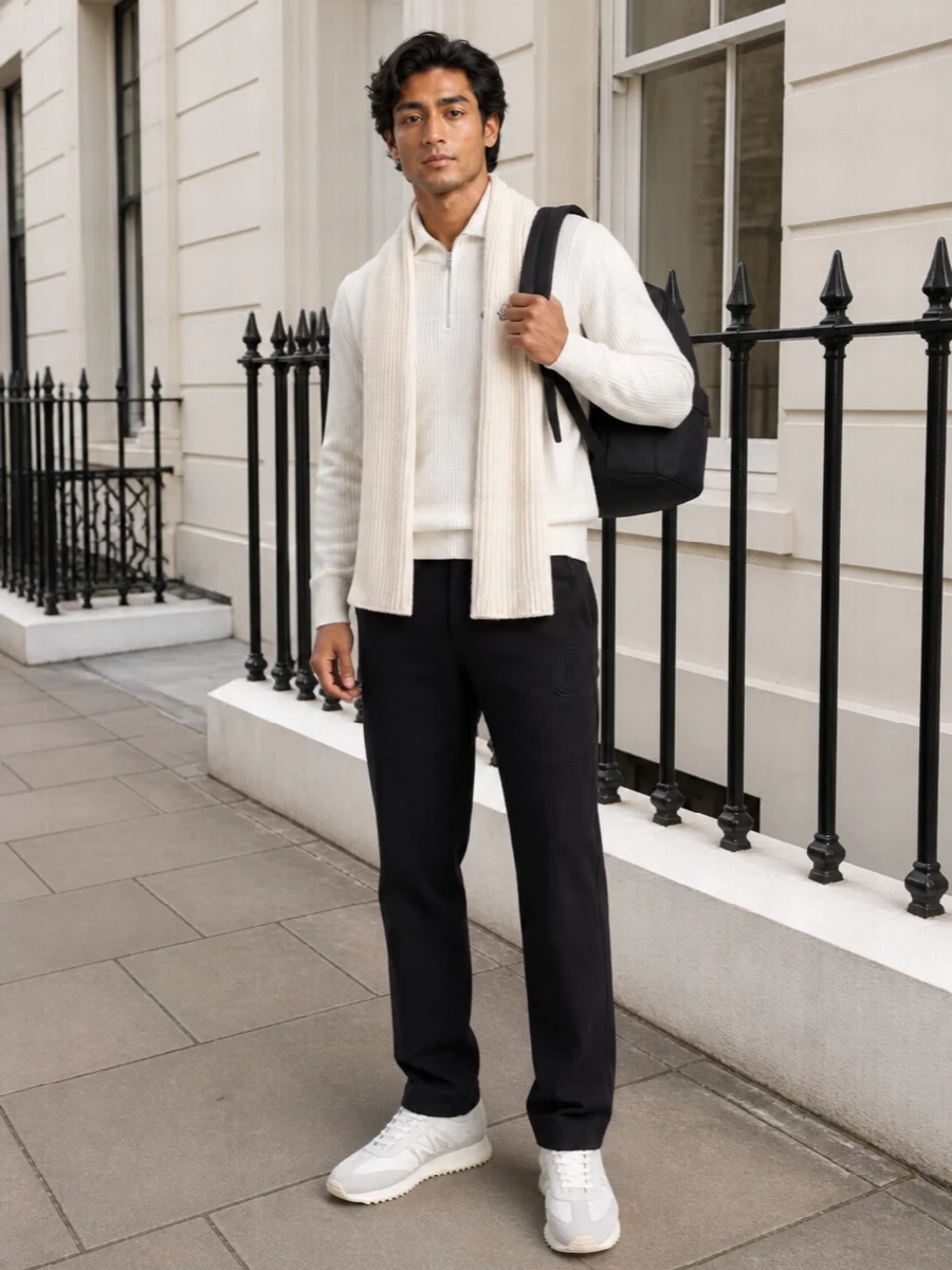 Moncler off white half zip black trousers outfit
