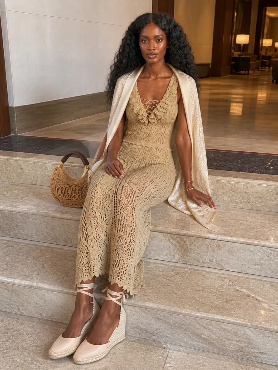 A sand crochet maxi meets nude-blush espadrille wedges for a leggy, sun-drenched silhouette that still feels soft and romantic. A compact raffia top-handle and a single gold cuff keep the mood polished but relaxed, ideal for sliding from beachside late lunch to sunset drinks. A tonal paisley stole is there for a whisper of coverage if the breeze picks up.