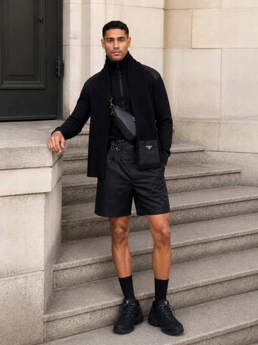 Moncler tailored shorts black zip turtleneck outfit