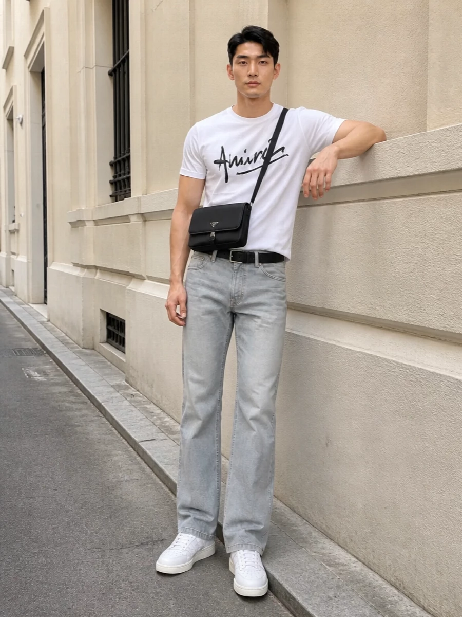 A crisp Amiri logo tee sits over light-grey straight-leg denim for a clean, West Coast street feel in a monochrome palette. White court-style sneakers keep the line sharp and relaxed, while a black Prada crossbody and slim belt add quiet structure without stealing focus. The result is a refined off-duty uniform that feels intentional but never forced.