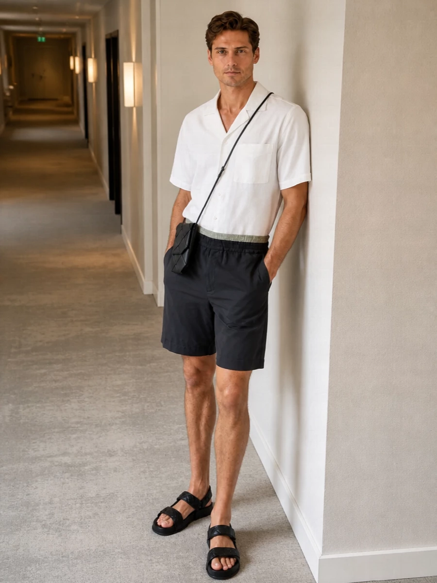 Charcoal technical shorts meet a crisp, boxy white camp shirt for a clean summer uniform that reads intentional rather than casual. Black quilted sandals and a slim intrecciato crossbody keep everything streamlined, with a matching woven belt adding just enough structure without disturbing the ease. The result is a quietly polished city-ready outfit that moves easily from late-morning errands to a terrace drink.