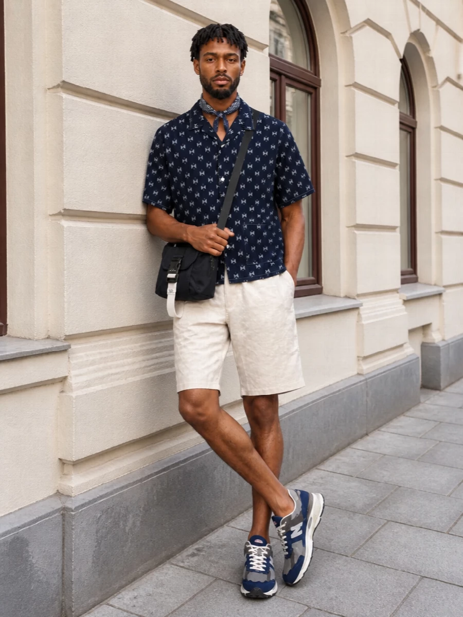 Needles camp shirt beige shorts new balance outfit