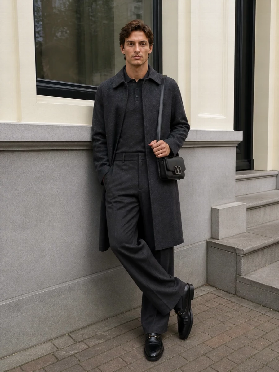 Valentino charcoal overcoat wide leg trousers