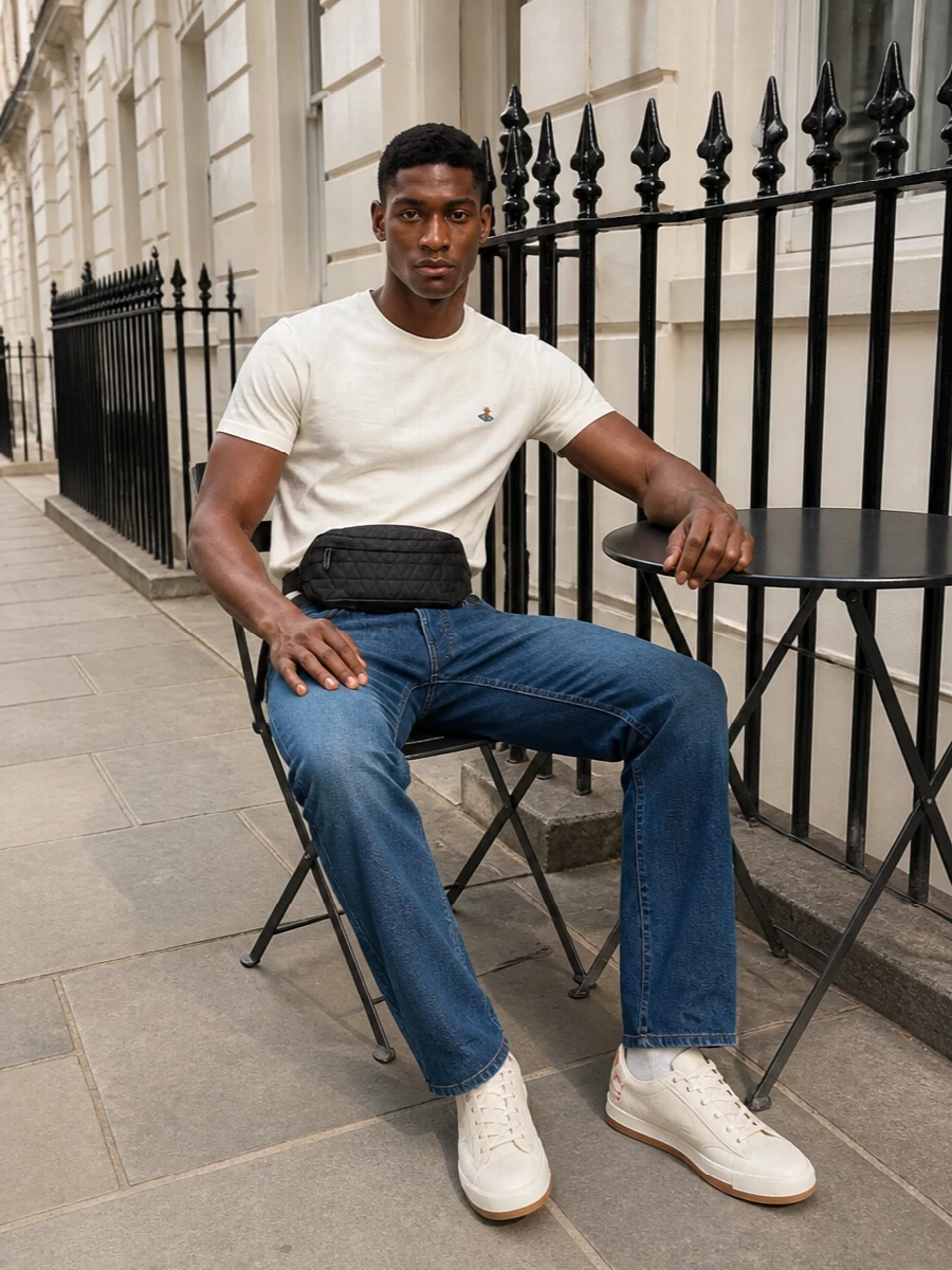 Cream, indigo and black come together in a clean, low-key combination that feels intentional without trying too hard. The straight-leg denim and canvas sneakers keep it casual, while the slim leather belt and quilted belt bag add just enough polish for city days. It is an easy uniform that leans minimalist and street, with a subtle nod to preppy restraint through the crisp proportions.