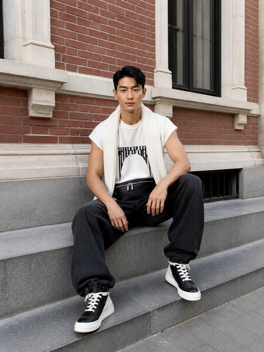 An off-white longline graphic tee drops over stark high-waist wide-leg washed black denim, creating a clean, elongated Rick silhouette. Black and bone high-top sneakers echo the tee’s contrast, while a low-profile belt bag and off-white scarf keep the energy functional and sharp without breaking the monochrome mood. The result is relaxed, brutalist streetwear that still feels considered from gallery afternoons to late-night shows.