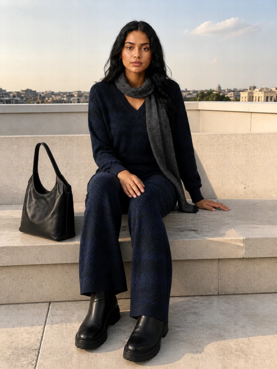 Missoni navy zigzag sweater wide leg knit pants