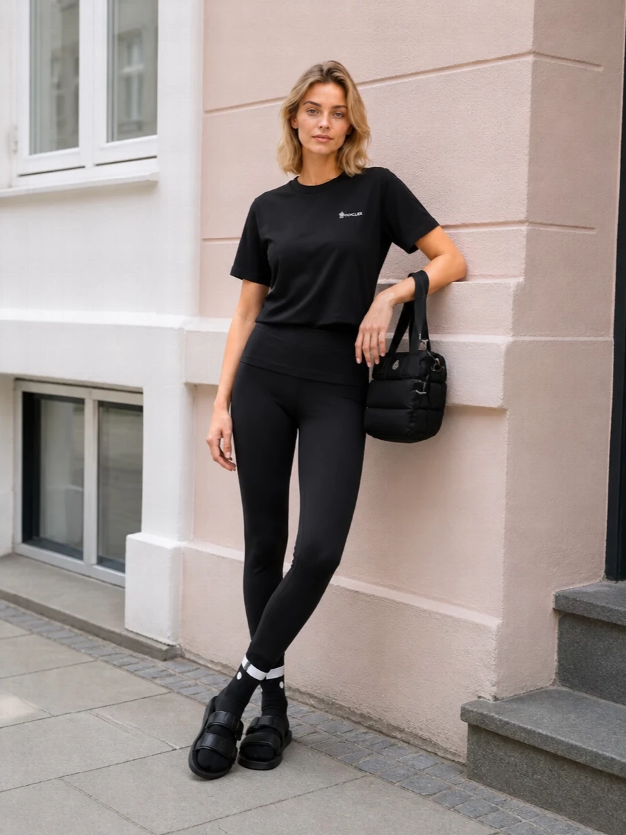 Moncler grenoble black tee technical track pants outfit