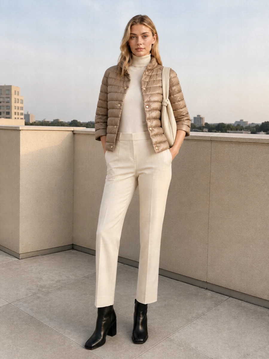 I’m building around the jacket’s soft taupe and easy 3/4 sleeve, so a knit-and-trouser route feels more natural than a dress, keeping the silhouette clean and quietly daytime-focused. The ivory turtleneck and cream cropped trouser create a calm column of light neutrals, with black block-heel ankle boots adding just enough definition under the softness. A buttercream hobo finishes it with relaxed structure, giving you a modern, city-ready outfit that feels considered without ever looking overdone.