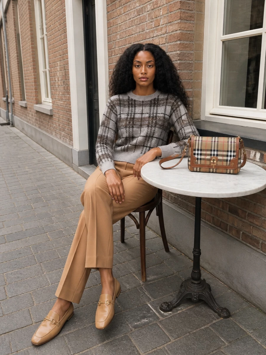 Camel tailoring with a softly checked Brunello Cucinelli knit and Fendi’s precise trouser creates a polished, preppy base that feels quietly luxurious around the Burberry shoulder bag. The high-rise, full-length leg grounds the cropped proportion of the sweater, while Ferragamo’s camel loafers tie the warm neutrals together for an easy city-uniform mood. Choosing separates instead of a dress keeps the heritage checks subtle and lets the bag remain the graphic focal point.
