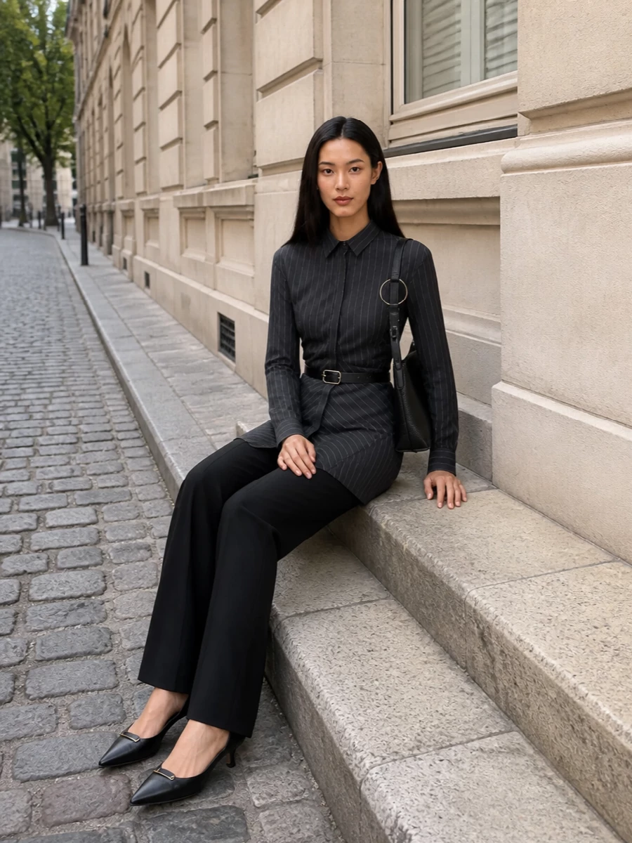 Dondup pinstripe shirt black flared trousers outfit