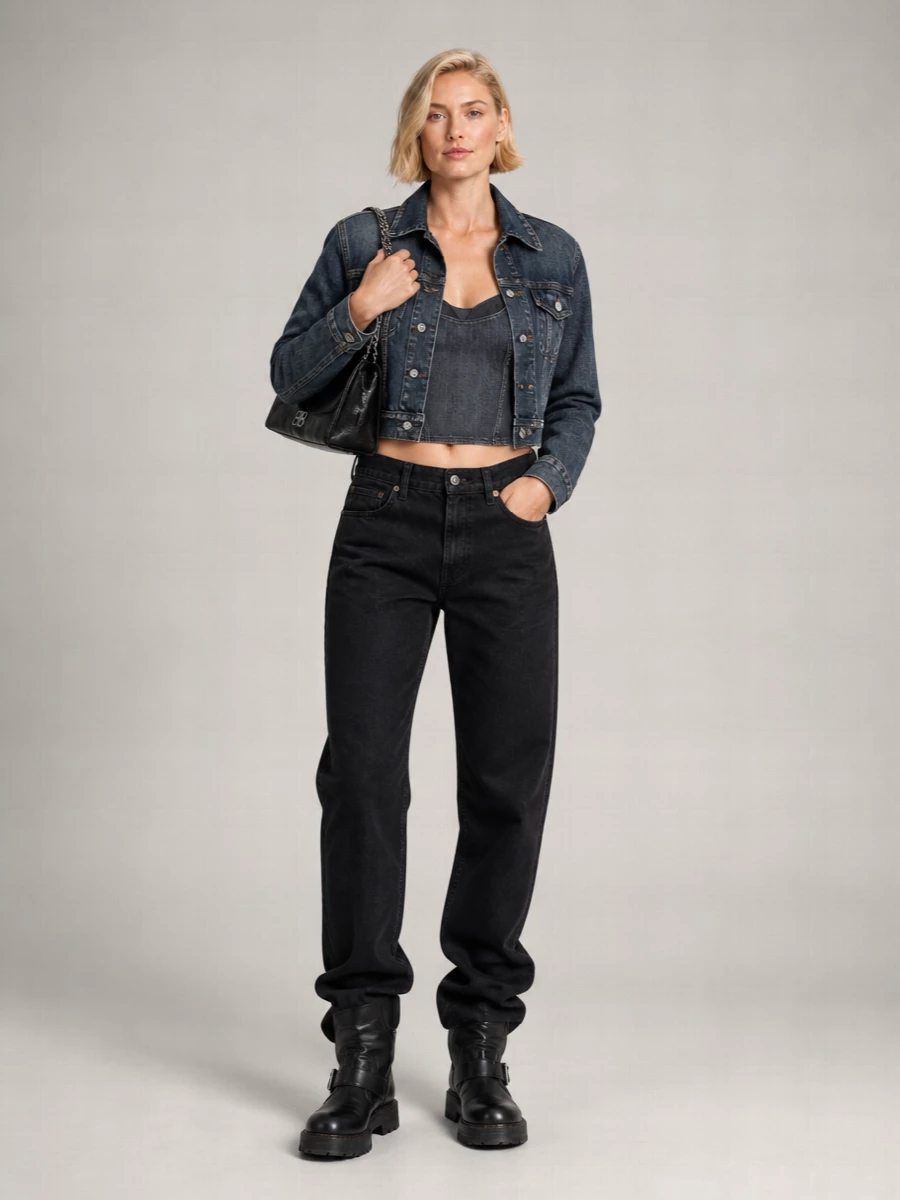 Balenciaga Denim Off-Shoulder Cropped Jacket