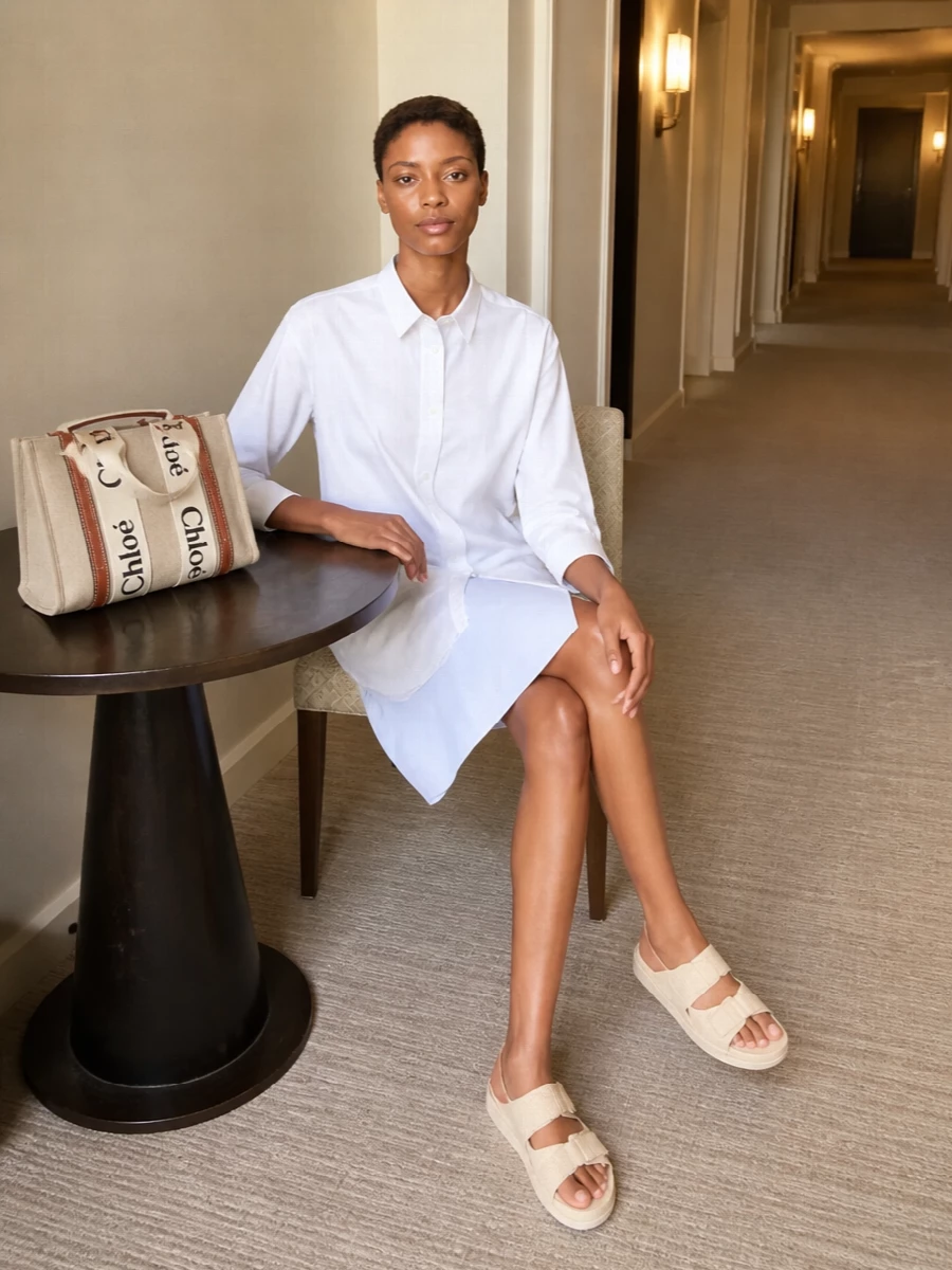 Opting for the dress route keeps the story clean and in tune with the Chloé tote’s easy, French-informed minimalism. The Loewe shirt dress and soft cream slides create a light, elongated column of neutrals that feels polished yet relaxed, letting the textured canvas-and-leather bag be the subtle focal point. The result is an understated summer ensemble that moves effortlessly from city errands to seaside lunches without ever feeling over-styled.
