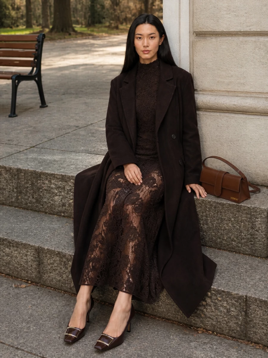 Rotate chocolate lace dress long brown coat