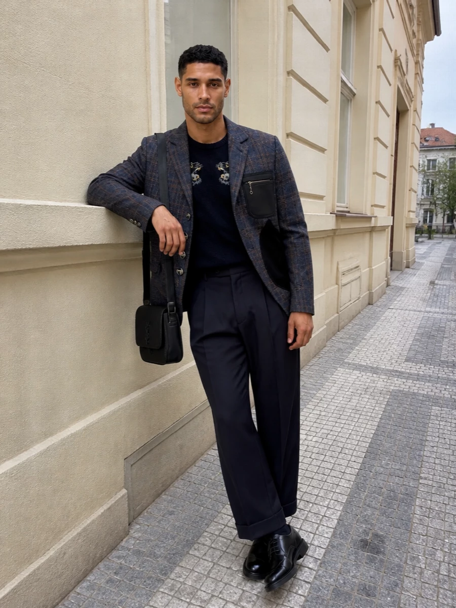 Junya blazer navy trousers black derby outfit