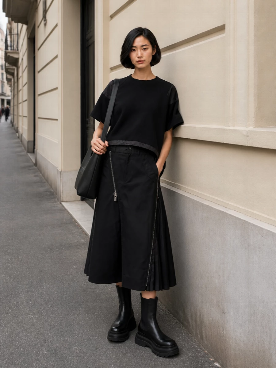A cropped technical tee meets a zipped-pleat midi in a strict black palette, giving a long, decisive line with real movement. Chunky platform boots and a sculpted tote keep everything grounded and architectural, so the volume reads intentional rather than soft.