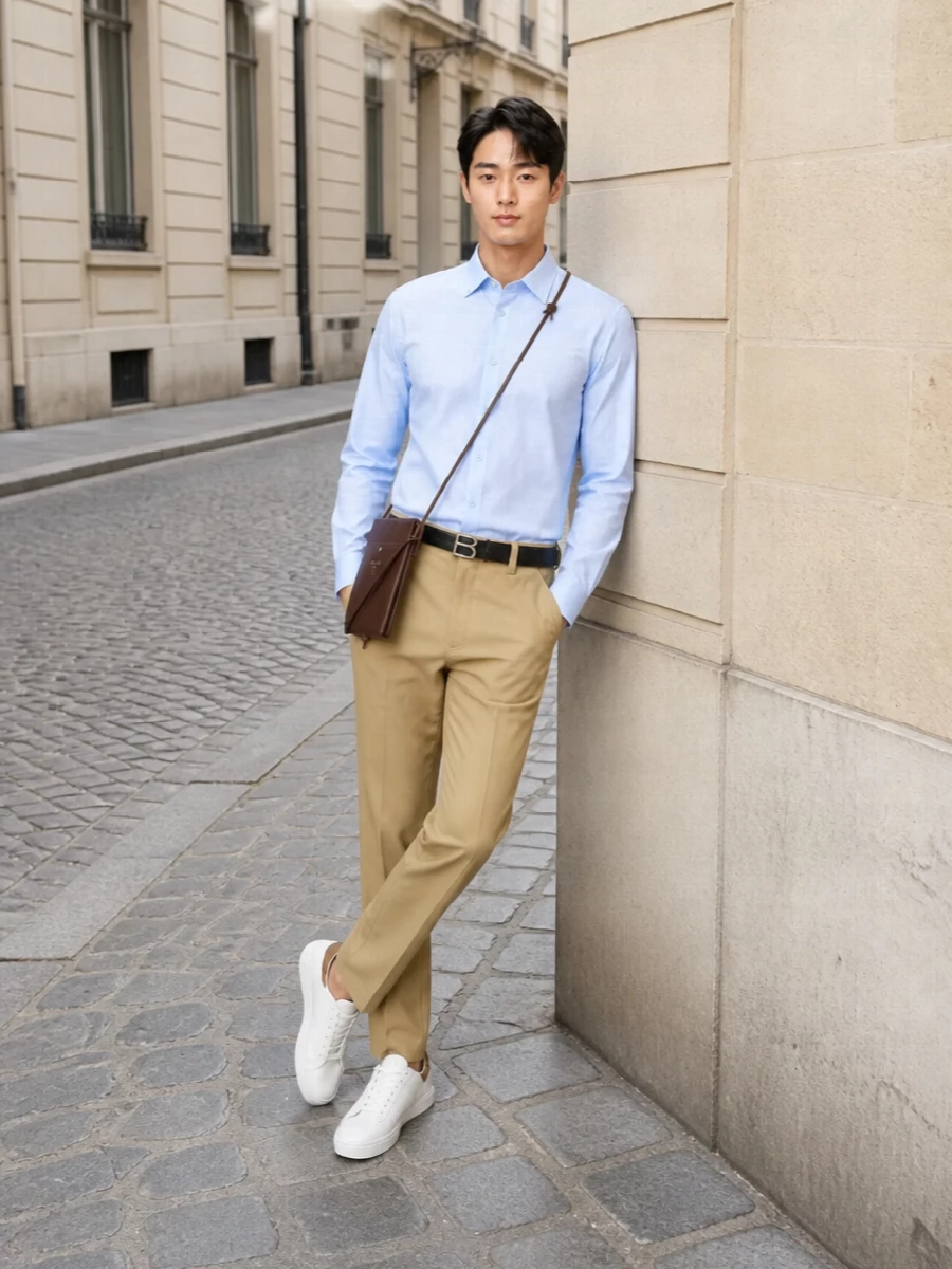 Burberry shirt chinos white sneakers outfit