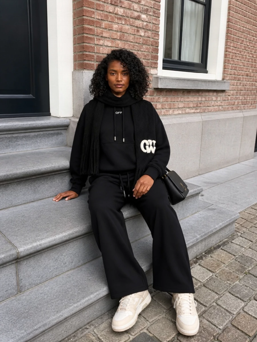 Off white black hoodie wide leg pant streetwear