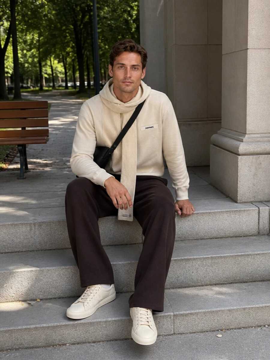 Jacquemus hoodie wide trousers prada sneakers
