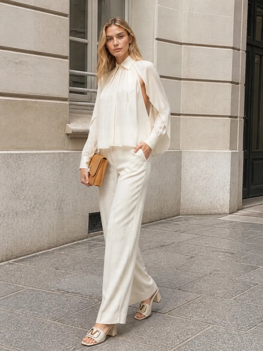 Max mara ivory wide leg trousers blouse outfit