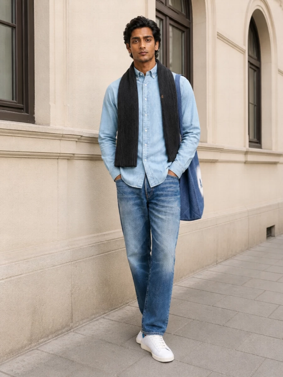 Head-to-toe blue stays easy here, with chambray against mid-wash denim and crisp white sneakers grounding it. The mix feels relaxed and collegiate, ready for city days that run long. The graphic denim tote just nudges the whole thing into modern, style-aware territory without losing the throw-on ease.