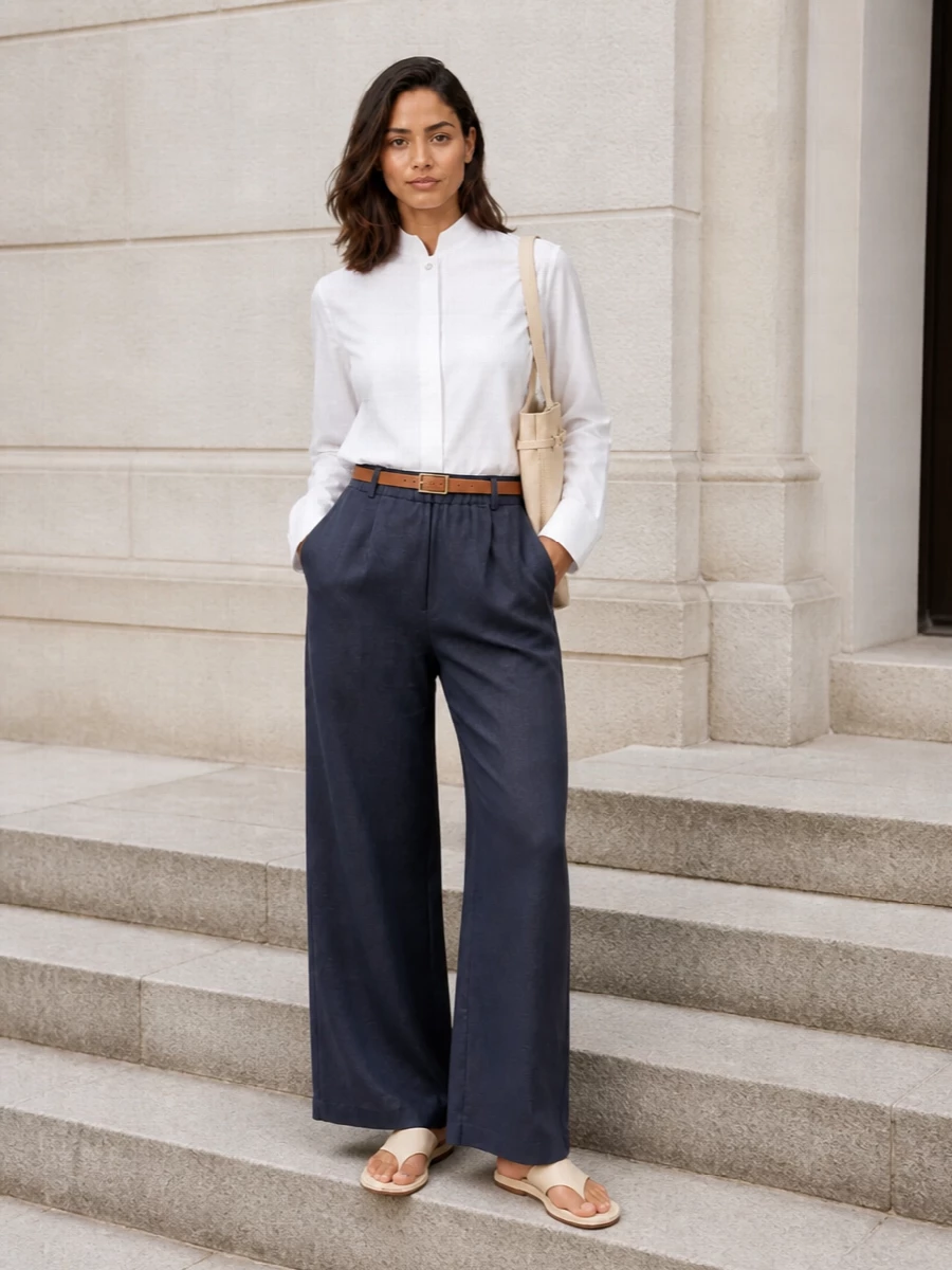 Relaxed ink navy tailoring meets a razor-clean white shirt for a calm, modern take on warm weather polish. Buttercream slides and a cream shoulder tote keep the palette light and easy, while the suede belt quietly defines the waist. The result is soft but precise, ideal for city days that move between desk and terrace.
