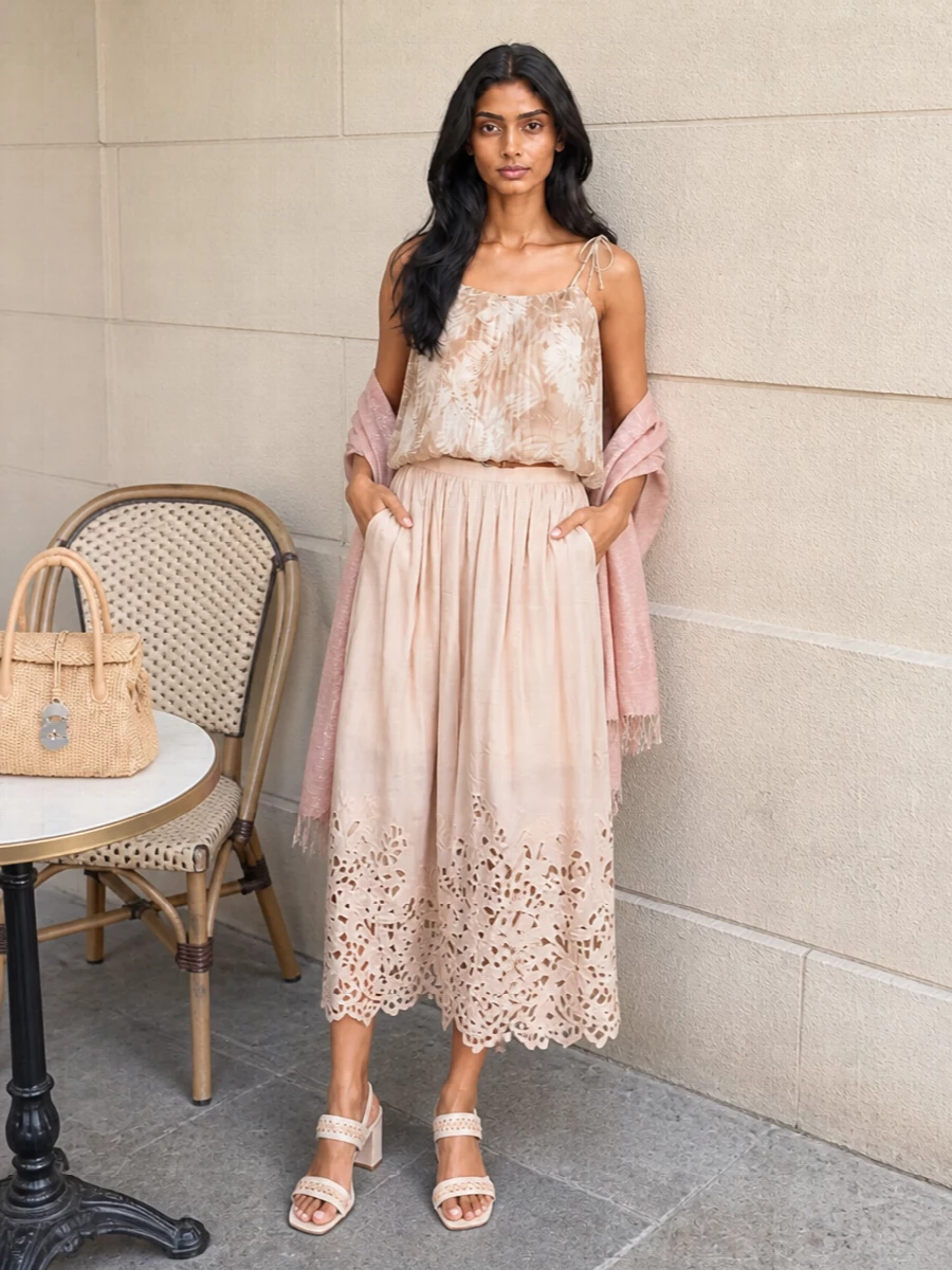 Zimmermann blush midi skirt nude camisole outfit