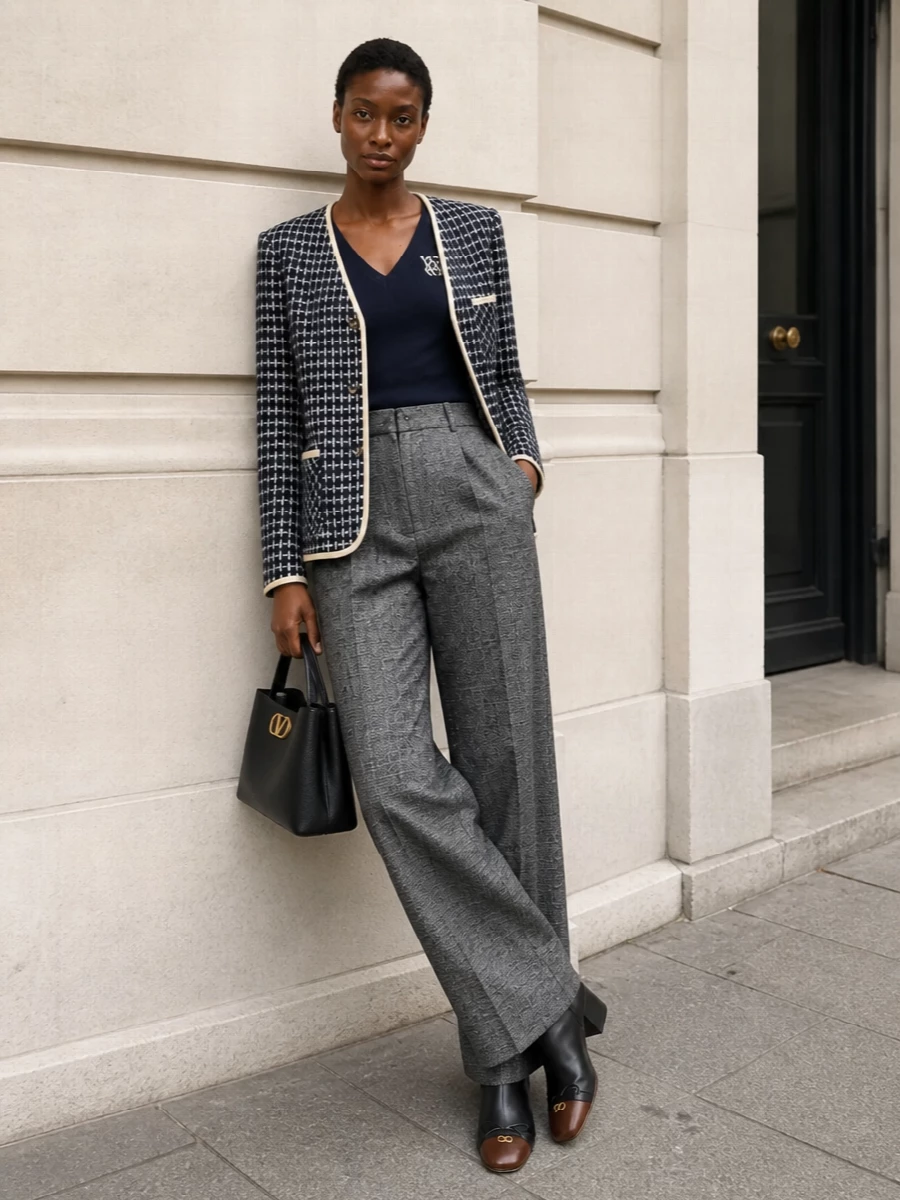 I’ve taken the TOP + BOTTOM route rather than a dress so the tweed blazer remains the clear anchor, creating a modern, boardroom‑to‑dinner trouser look instead of competing layers of structure. The navy V‑neck knit, charcoal wide-leg trousers, black/brown ankle boots and compact black top‑handle bag build a cohesive navy‑grey‑black story that feels impeccably tailored, preppy and quietly luxurious without any unnecessary fuss.