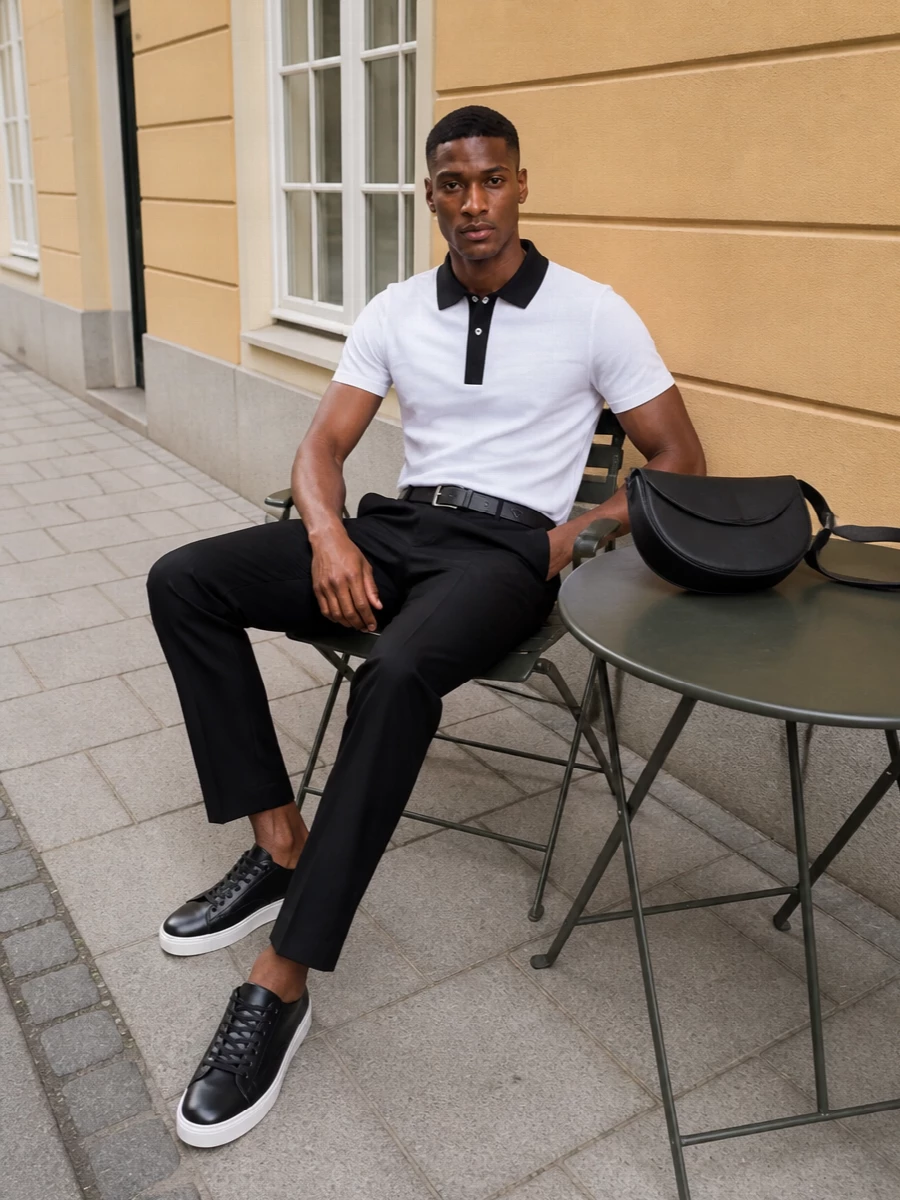 Lanvin black trousers white polo sneakers