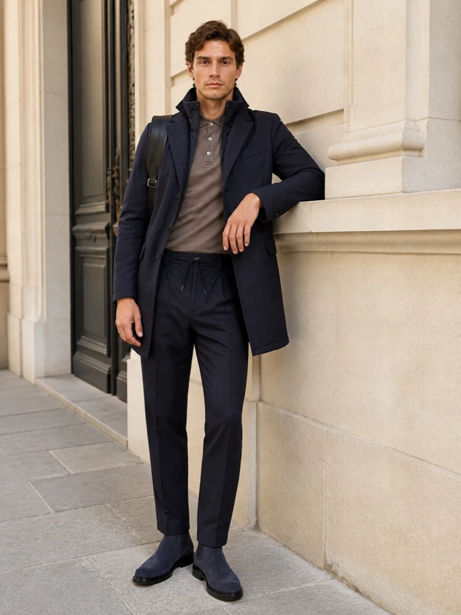 Herno navy coat taupe polo chelsea boots