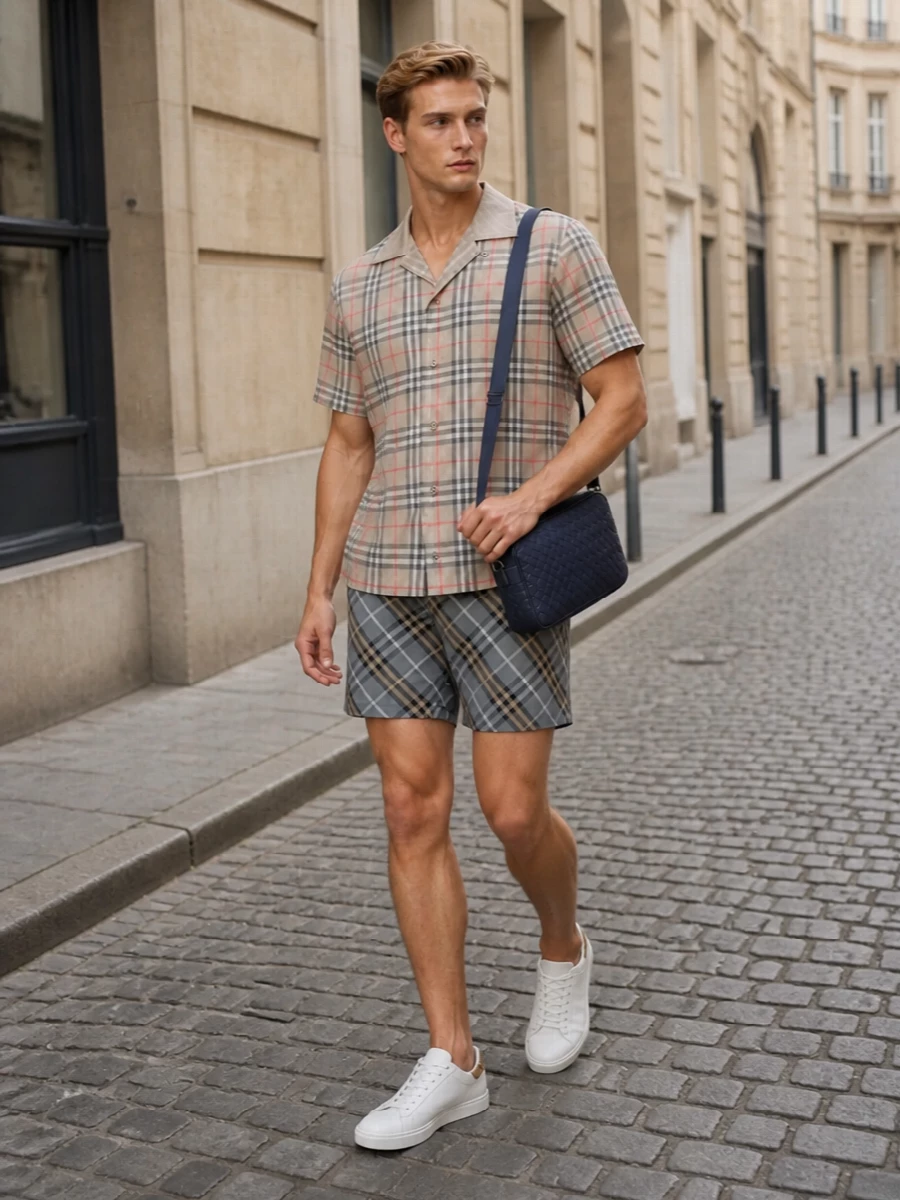 Burberry camp collar shirt slate check swim shorts