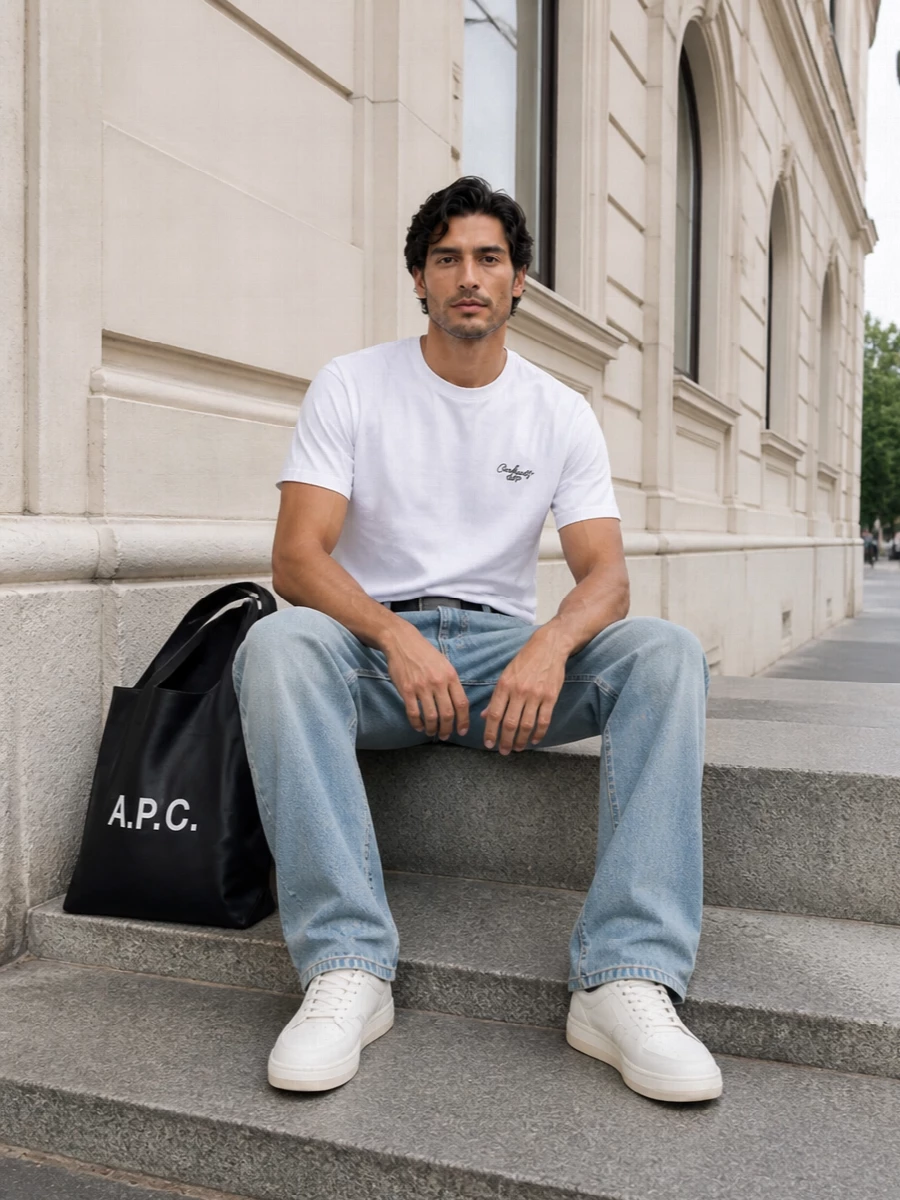 Carhartt tee light wash jeans arigato sneakers