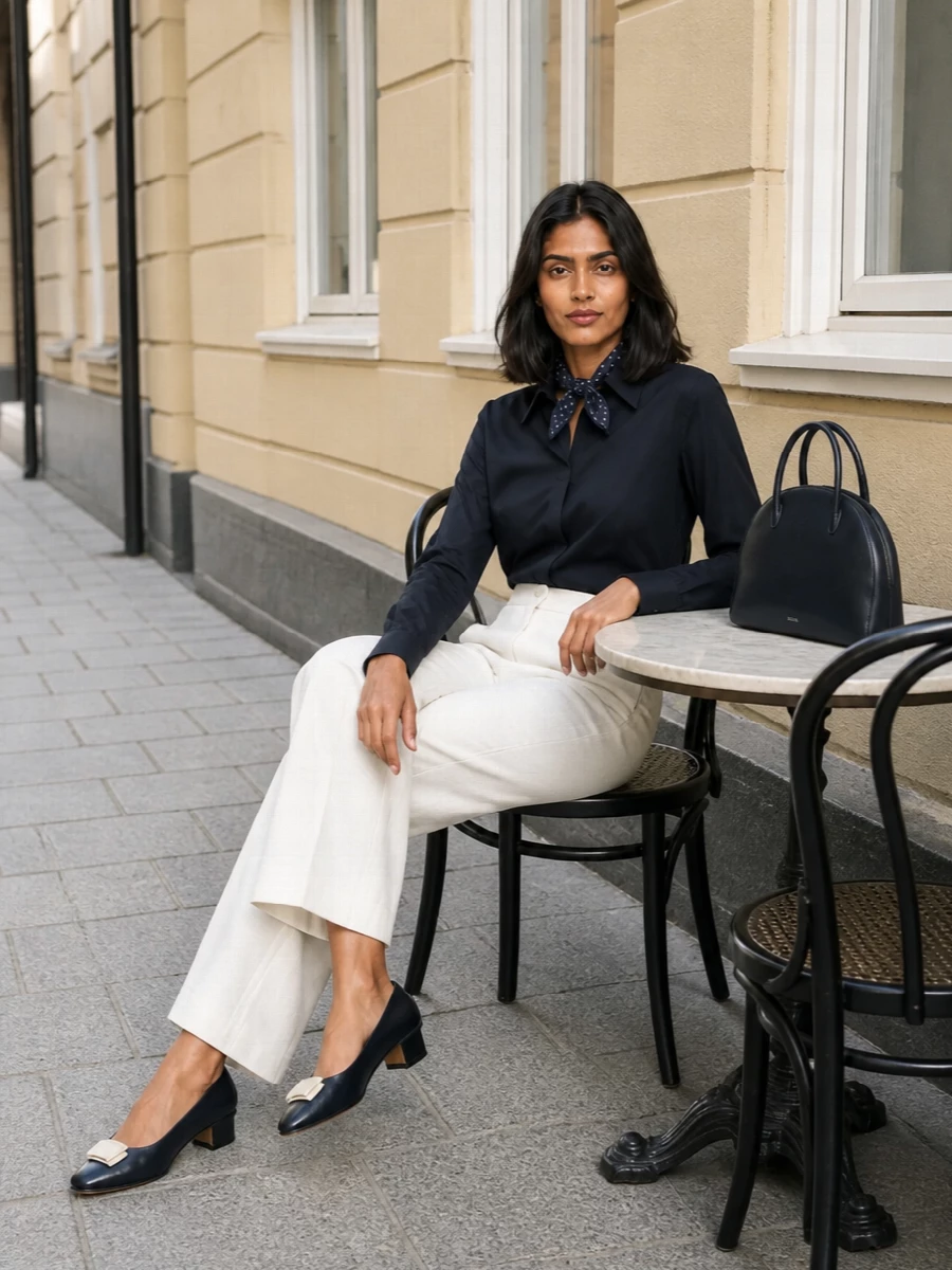 Parosh navy shirt ivory wide leg trousers outfit