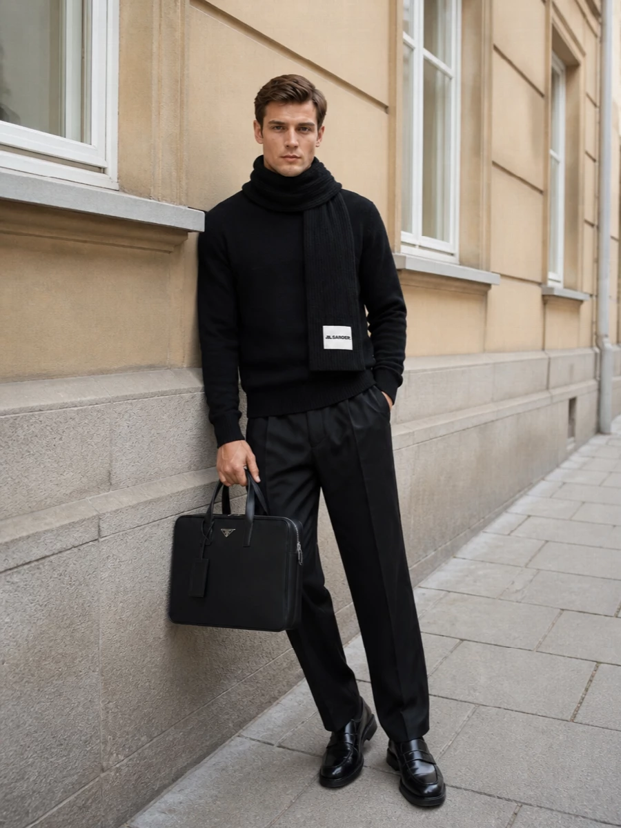 A deep black Jil Sander knit paired with the relaxed, tailored trouser creates a monochrome line that reads calm and precise rather than stark. Sleek penny loafers and a structured Prada brief sharpen the mood just enough for modern office days or low-key dinners, while the ribbed scarf introduces quiet texture without disturbing the restraint.