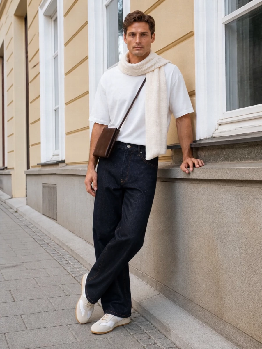 Dries van noten white tee dark indigo jeans outfit