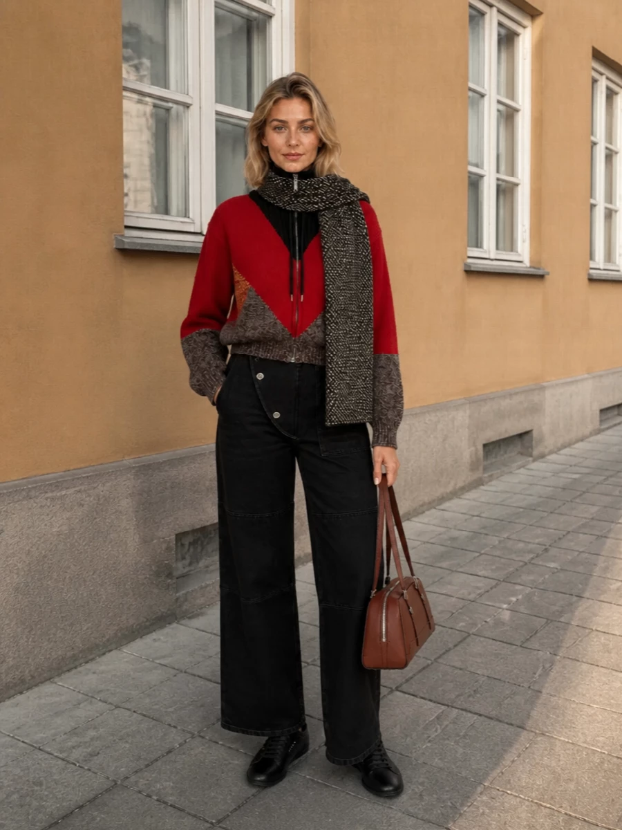 Marni zip jumper black wide leg jeans outfit