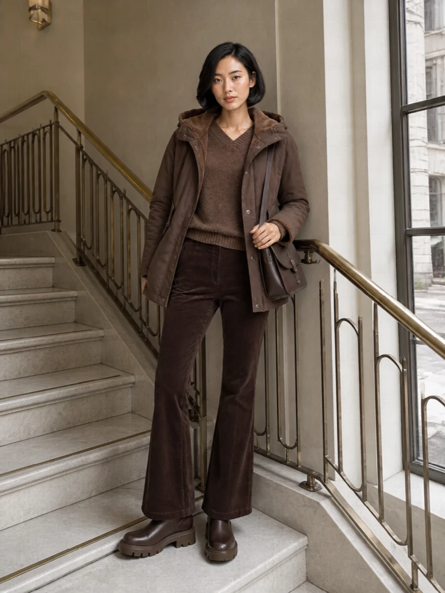 Max mara brown puffer with flared trousers outfit