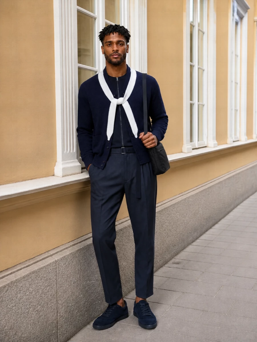 Sacai navy cardigan tapered trousers outfit