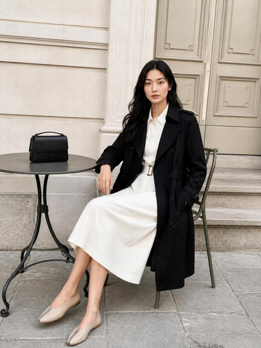 I am choosing the dress path, as a single tailored midi under this black trench keeps the lines long and clean without competing belts or waist details. The ivory Burberry shirt dress and sleek beige flats deliver a restrained, city-ready palette, while the structured black shoulder bag echoes the trench’s authority for a quietly powerful day-to-dinner ensemble.