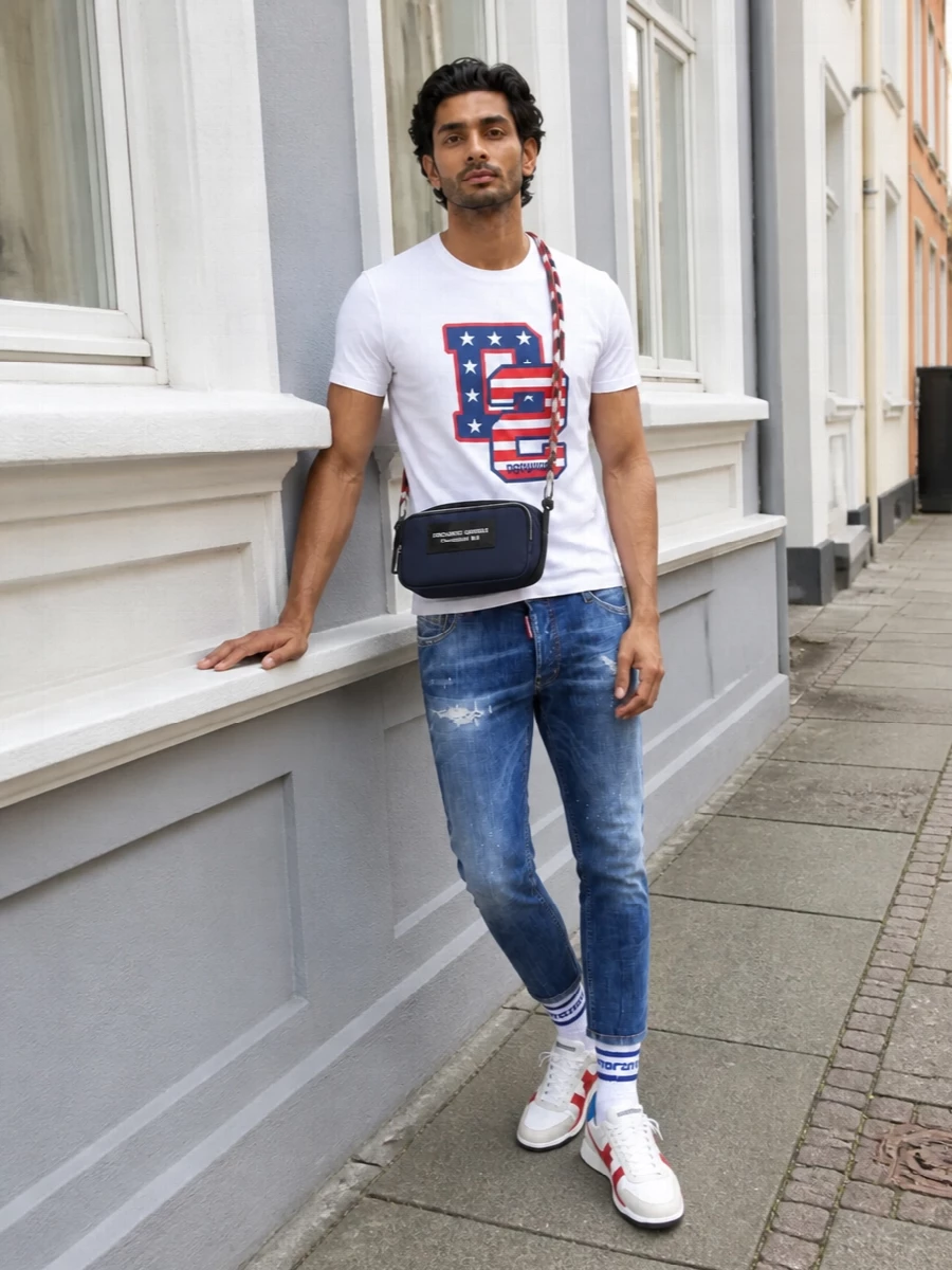 Dsquared2 graphic tee slim jeans sneakers outfit