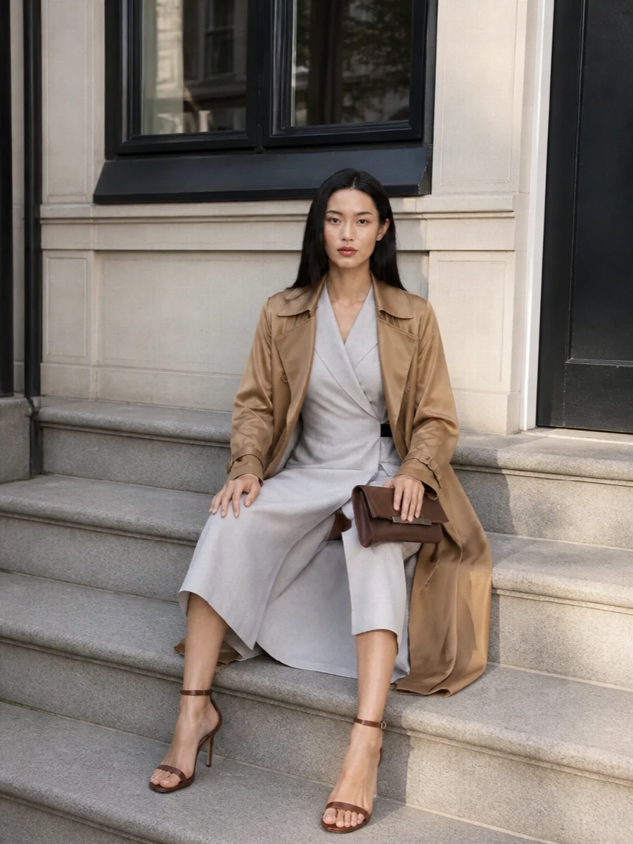 I am building around the trench as the single outerwear hero, so I chose the dress path and skipped tailoring separates to avoid a heavy, over-layered effect. The stone halter wrap dress and caramel sandal create a long, fluid neutral column that lets the satin camel coat read as liquid light, while the chocolate clutch adds quiet depth. The result is a formal, warm-weather city ensemble that feels modern, sculpted and entirely coherent in tone and texture.