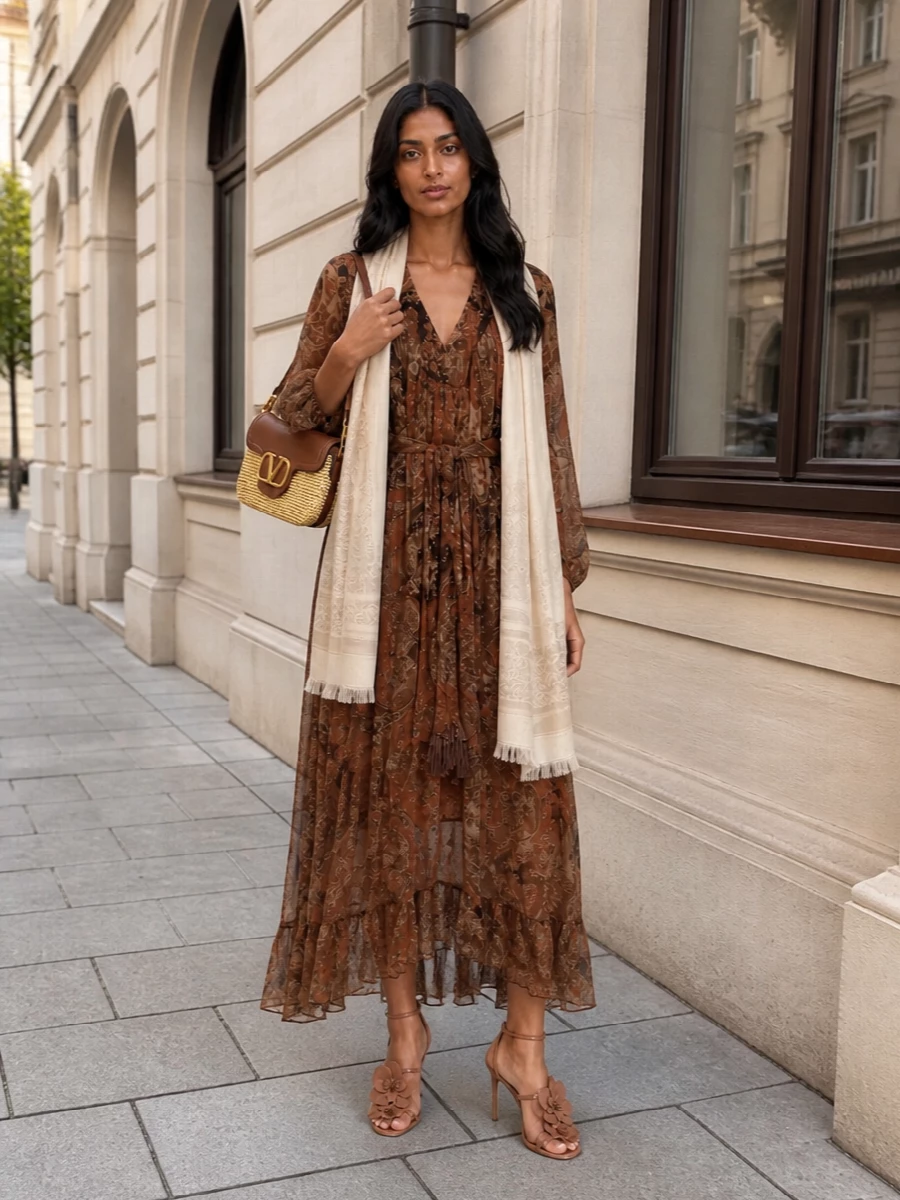 Zimmermann paisley maxi tan heels valentino bag
