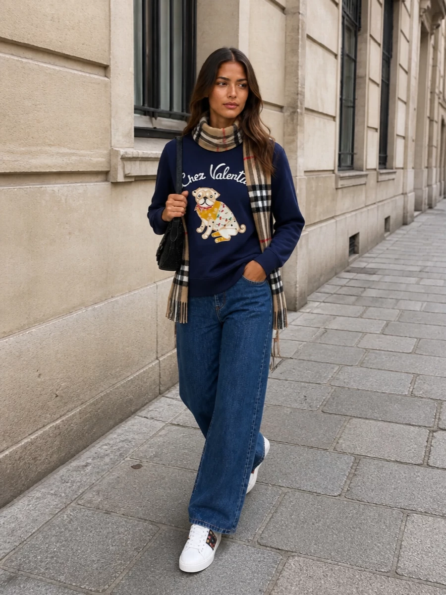 Valentino sweatshirt wide leg jeans outfit