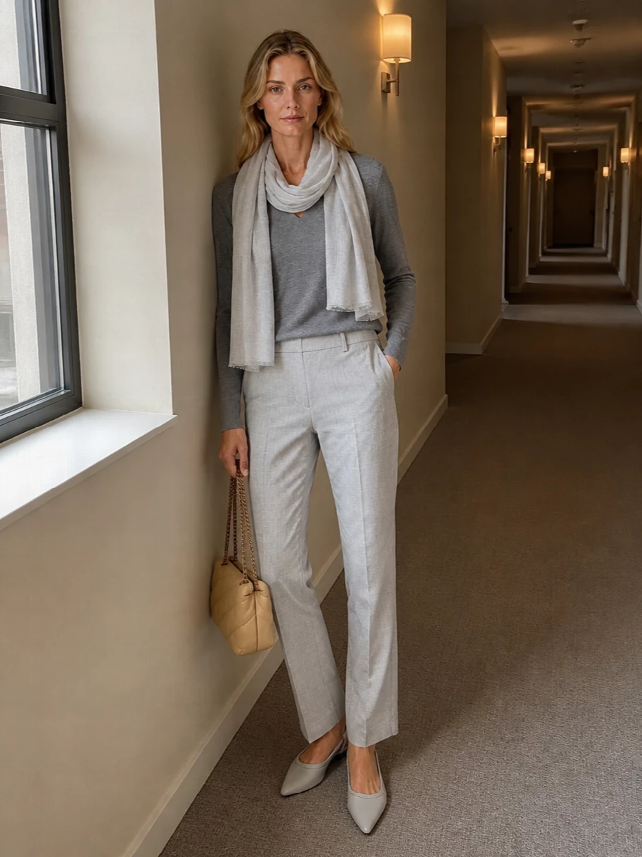 Parosh grey jumper tailored trousers outfit