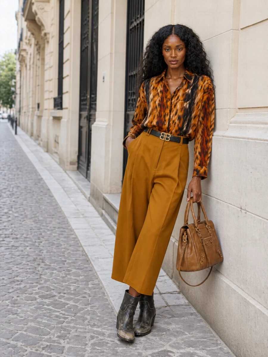 Head-to-toe warm tones keep this Balenciaga pairing fierce but controlled, with the ochre cropped trouser grounding the tiger-print shirt in sculptural volume. Distressed Western boots and a tan moto-structured bag lean into a city-boho attitude, while a slim black logo belt quietly sharpens the waist and echoes the deeper tones in the print.