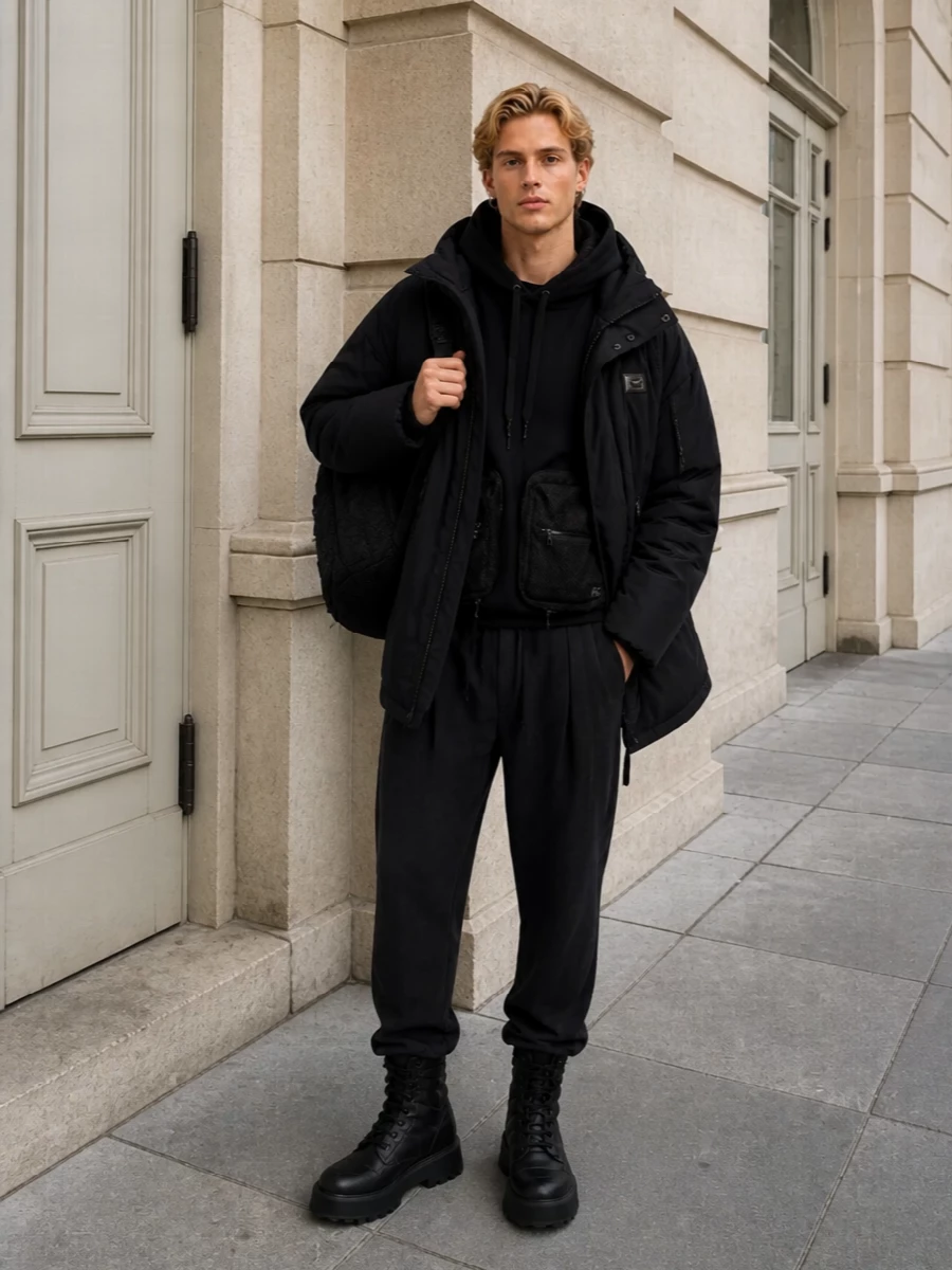 Dolce gabbana black parka outfit joggers