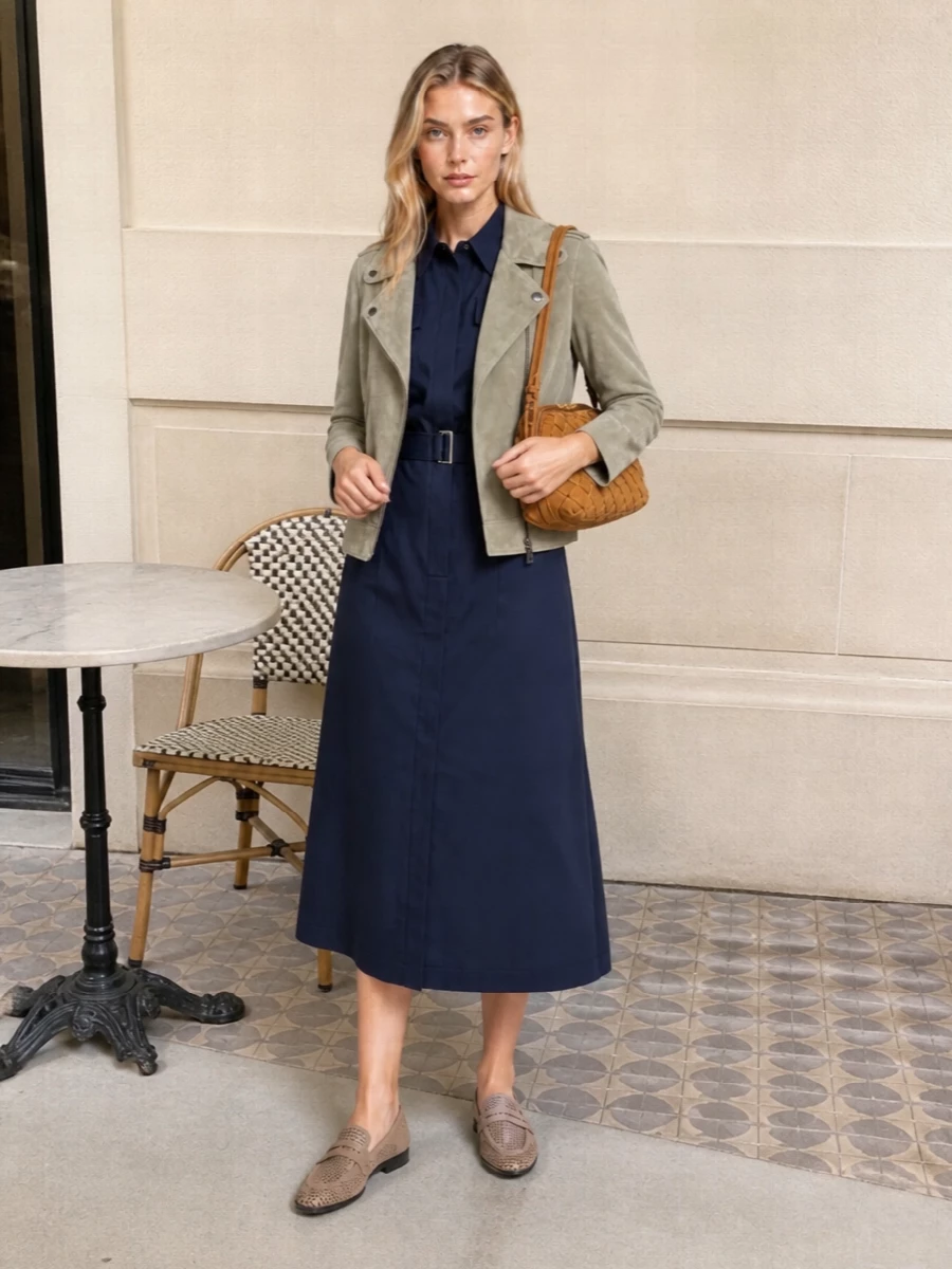 This look pairs the velvety sage Brunello Cucinelli biker with a navy belted shirt dress, leaning into refined utility and clean lines for an understated yet authoritative SS silhouette. Perforated taupe loafers and a compact camel suede Bottega bag pick up the jacket’s tactile luxury, keeping the palette softly neutral while maintaining a quietly polished, city-ready attitude. The choice of a dress over separates keeps the outfit streamlined and lets the outerwear remain the hero without overcomplicating the proportions.