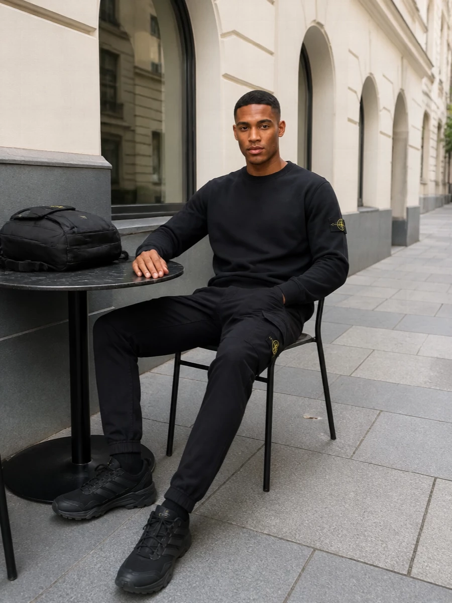 Stone island cargo pants black sweatshirt outfit