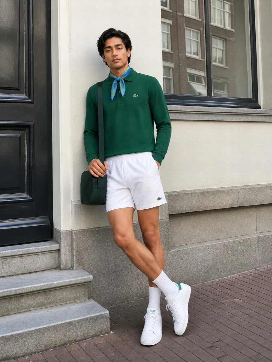 Lacoste green polo white shorts adidas sneakers